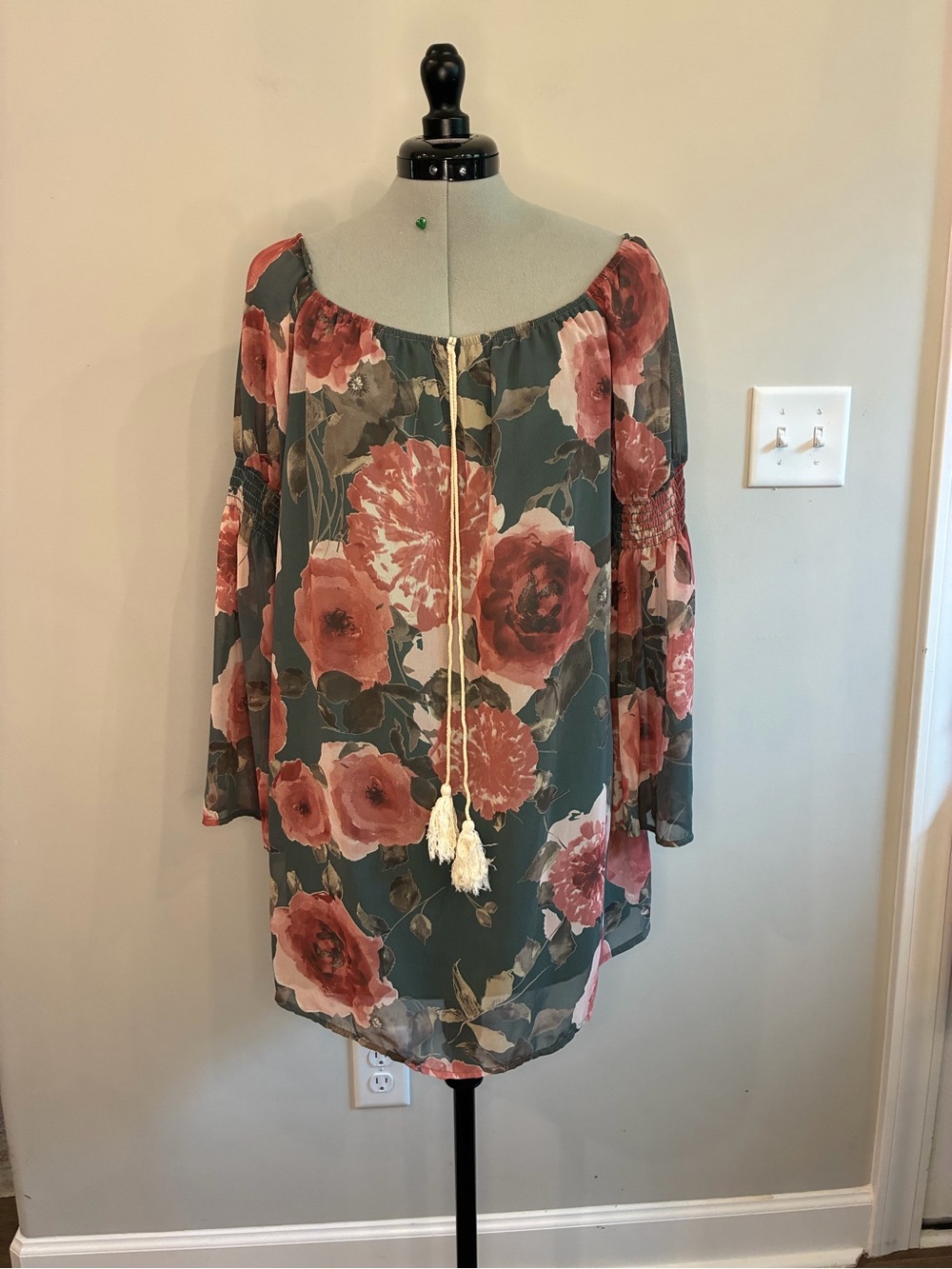 Yahada Rose Print Off-Shoulder Tunic Dress in Olive and Rose 0313